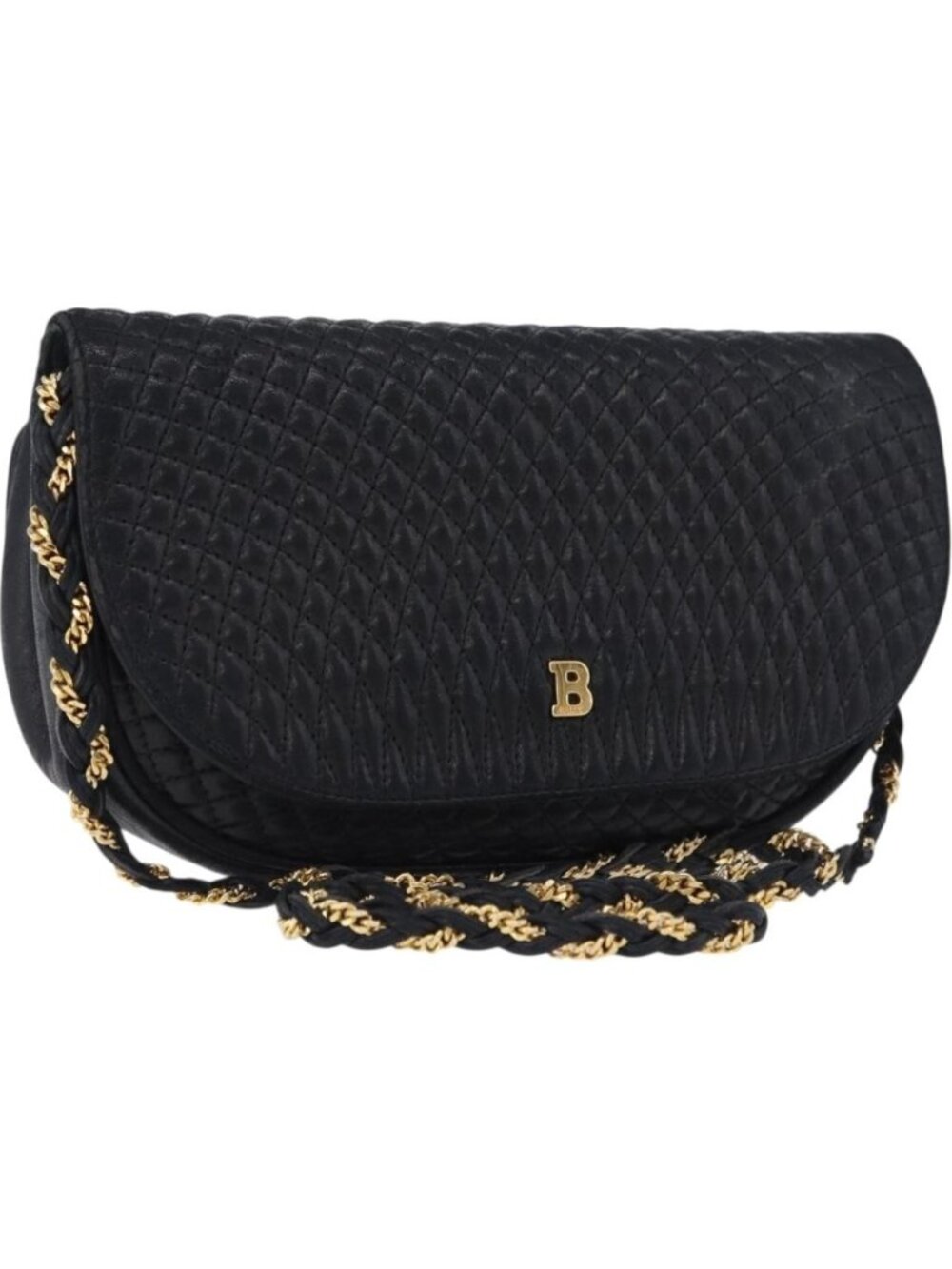 BALLY Chain Shoulder Bag Leather Black Gold Tone